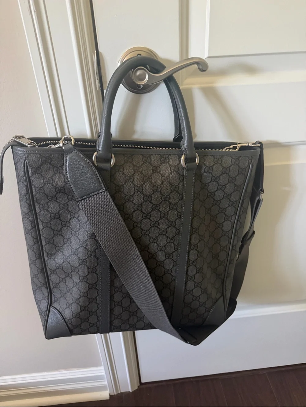 Gucci Gray GG Supreme Laptop Bag with Shoulder Strap